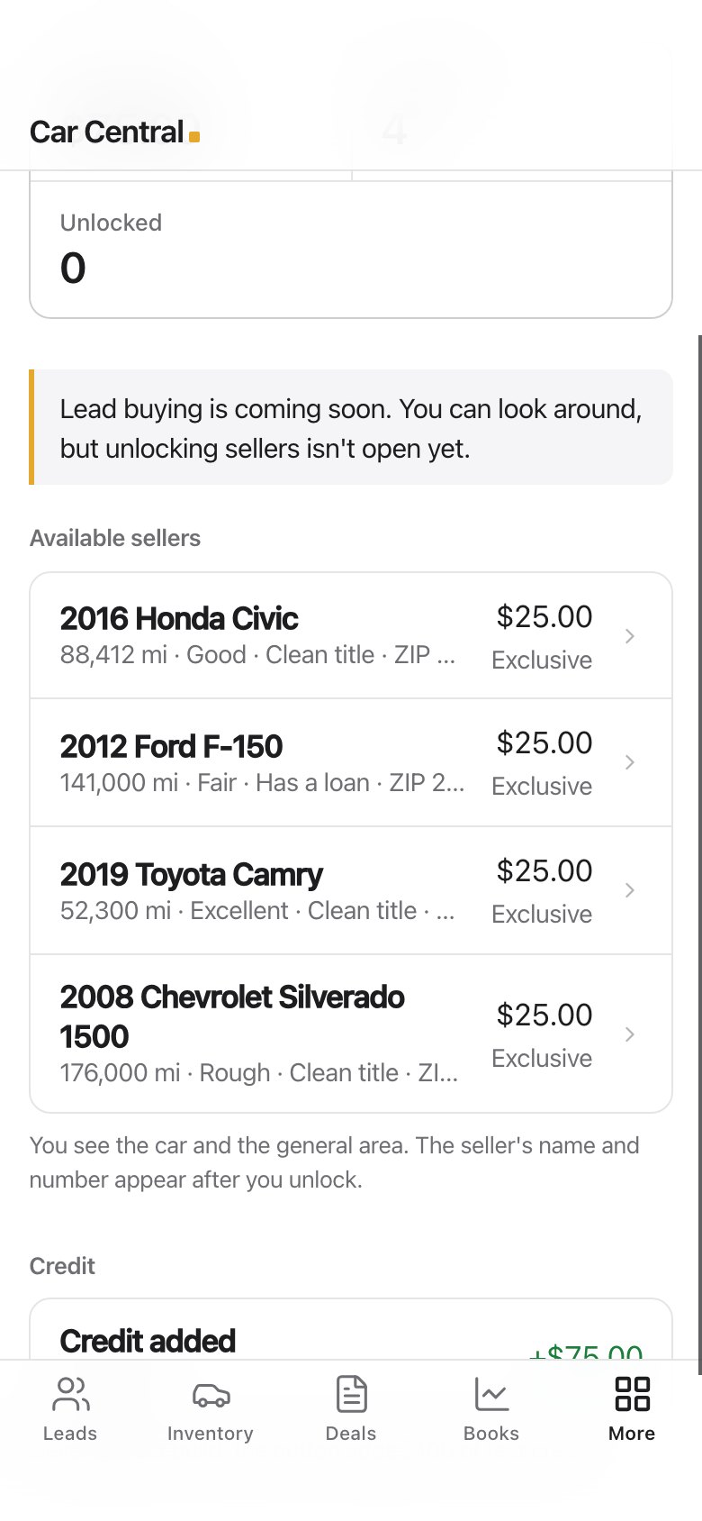 The lead exchange showing private sellers and your credit