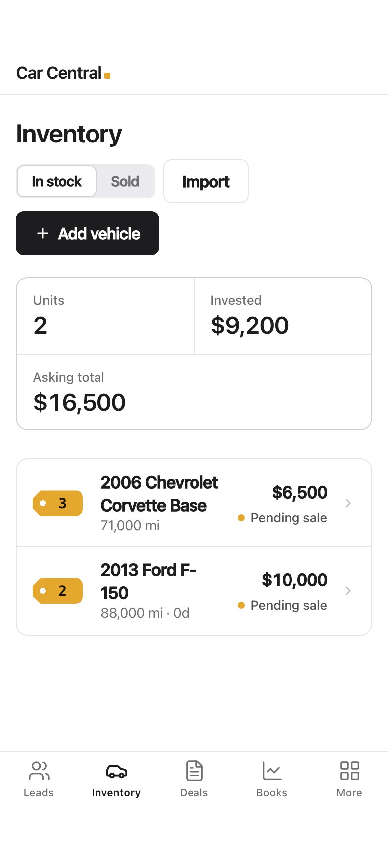 The inventory screen with stock tags, miles and status